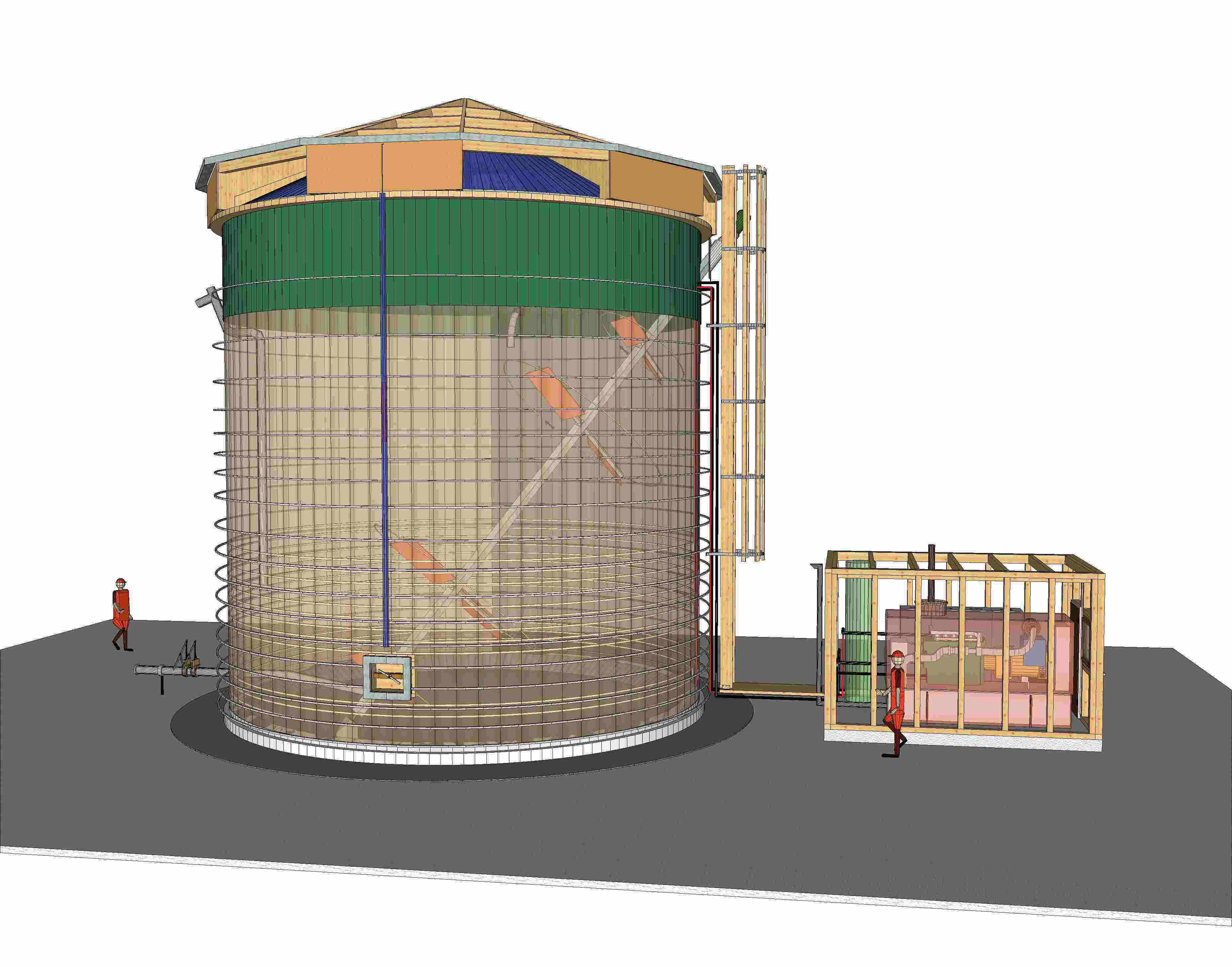 Holzfermenter ohne Silohlle aus wrmeisoliertem Holz mit Technikraum ohne Holzfassade